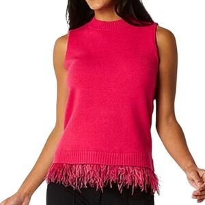 52Seven Sweater Sleeveless Mock Neck Hot Pink Feather Fringe Hem Glam Girly‎ XXL